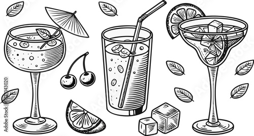 Flat vector drink is sitting in glass with ice, citrus slices, garnishes on transparent background. a detailed vintage-style vector illustration of assorted cocktail and drink glasses.