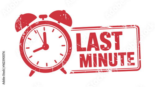 Red vintage alarm clock and last minute stamp symbolizing urgency