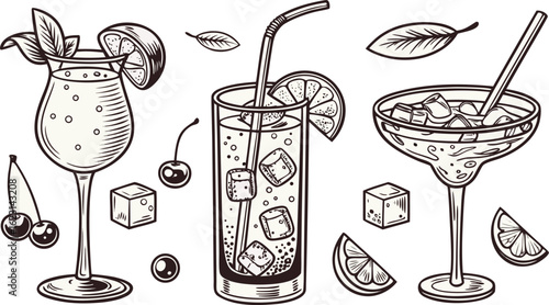 Flat vector drink is sitting in glass with ice, citrus slices, garnishes on transparent background. a detailed vintage-style vector illustration of assorted cocktail and drink glasses.