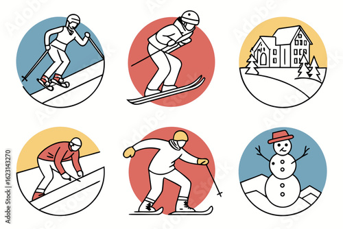 Set of six circular icons depicting skiing and winter activities