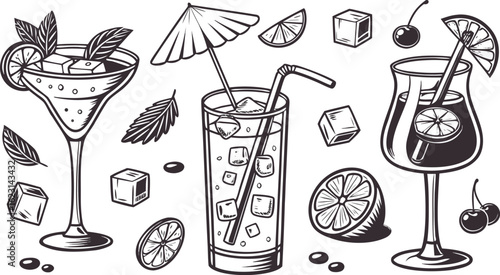 Flat vector drink is sitting in glass with ice, citrus slices, garnishes on transparent background. a detailed vintage-style vector illustration of assorted cocktail and drink glasses.
