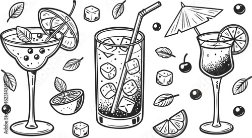 Flat vector drink is sitting in glass with ice, citrus slices, garnishes on transparent background. a detailed vintage-style vector illustration of assorted cocktail and drink glasses.