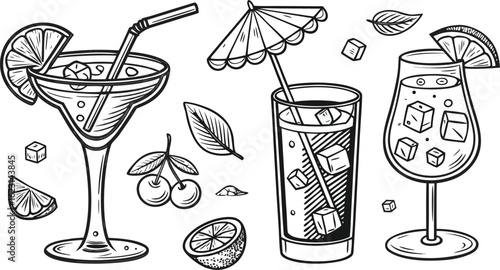 Flat vector drink is sitting in glass with ice, citrus slices, garnishes on transparent background. a detailed vintage-style vector illustration of assorted cocktail and drink glasses.
