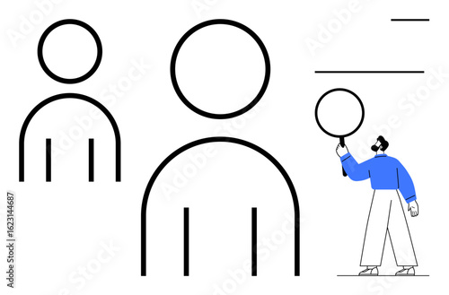 Person holding magnifying glass examines line icon profiles. Ideal for recruitment, research, user analysis, evaluation, HR, profile review, simple landing page