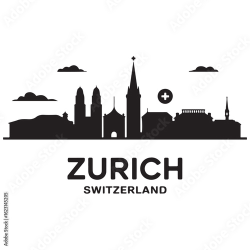 Zurich skyline horizontal banner. Zurich, Switzerland. Vector template for your design. Vector black silhouette. with white background