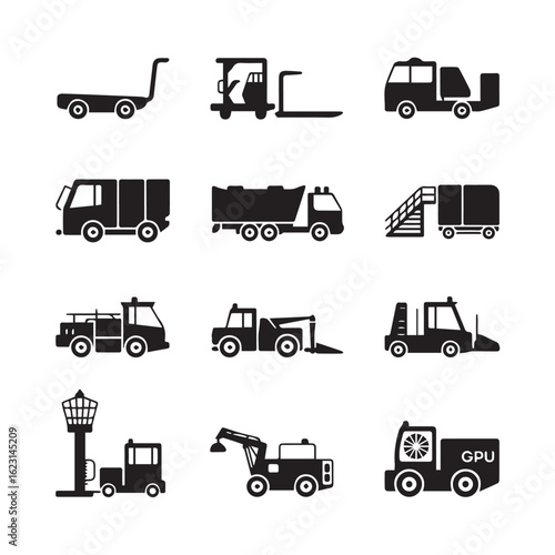 Collection of diverse industrial vehicle silhouettes including forklifts trucks and specialized transport equipment for logistics and construction industries silhouette