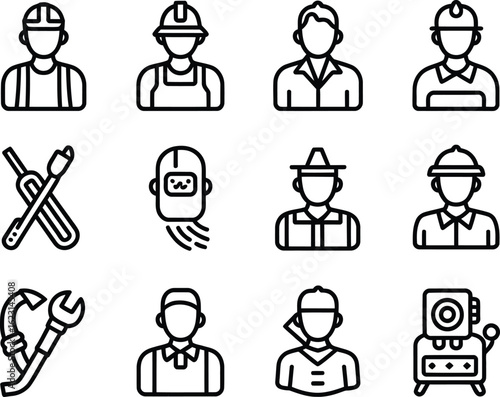 Collection of worker icons representing different professions and tools