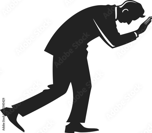 Black silhouette vector of a man bowing with hands together, showing respect or apology. Clip art icon isolated 