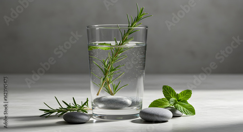 Tranquil still life featuring a glass of water with rosemary and smooth stones