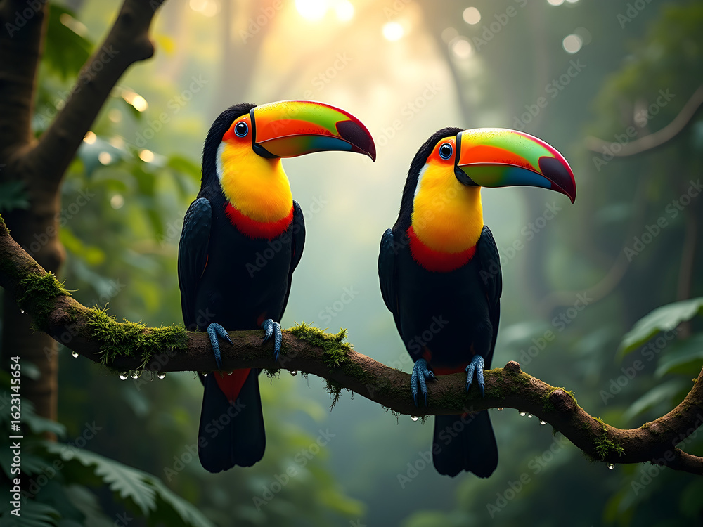 Obraz premium Exotic toucans perched on a mossy branch showcasing their vibrant rainbow colored beaks and plumage in a lush tropical scenery