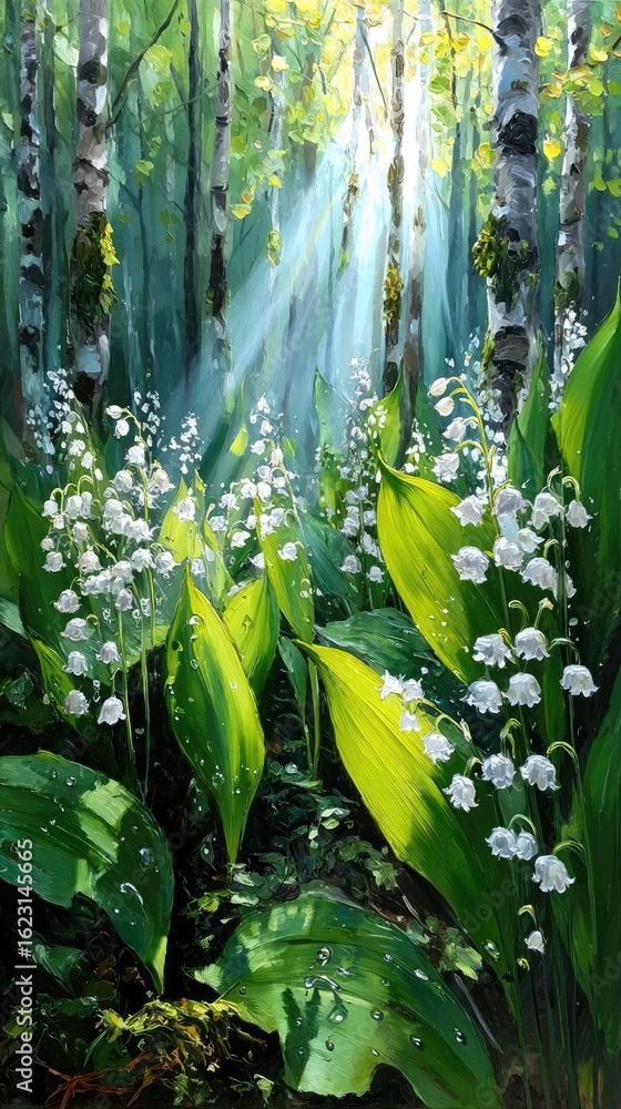 Obraz premium Sunlight streams through birch trees, illuminating lilies of the valley