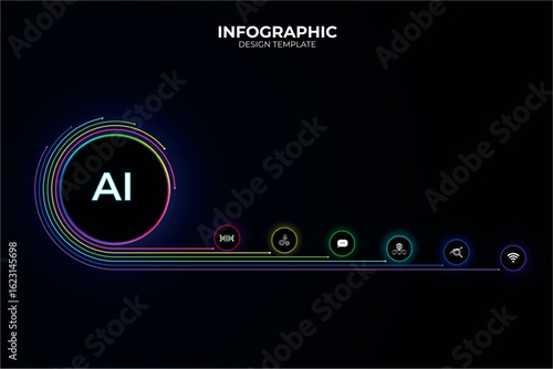 Futuristic template for process flow diagram dark version. Circle infographic design with colorful thin lines and 6 buttons for website or data presentation. Tech concept. Selection, choice. Glowing