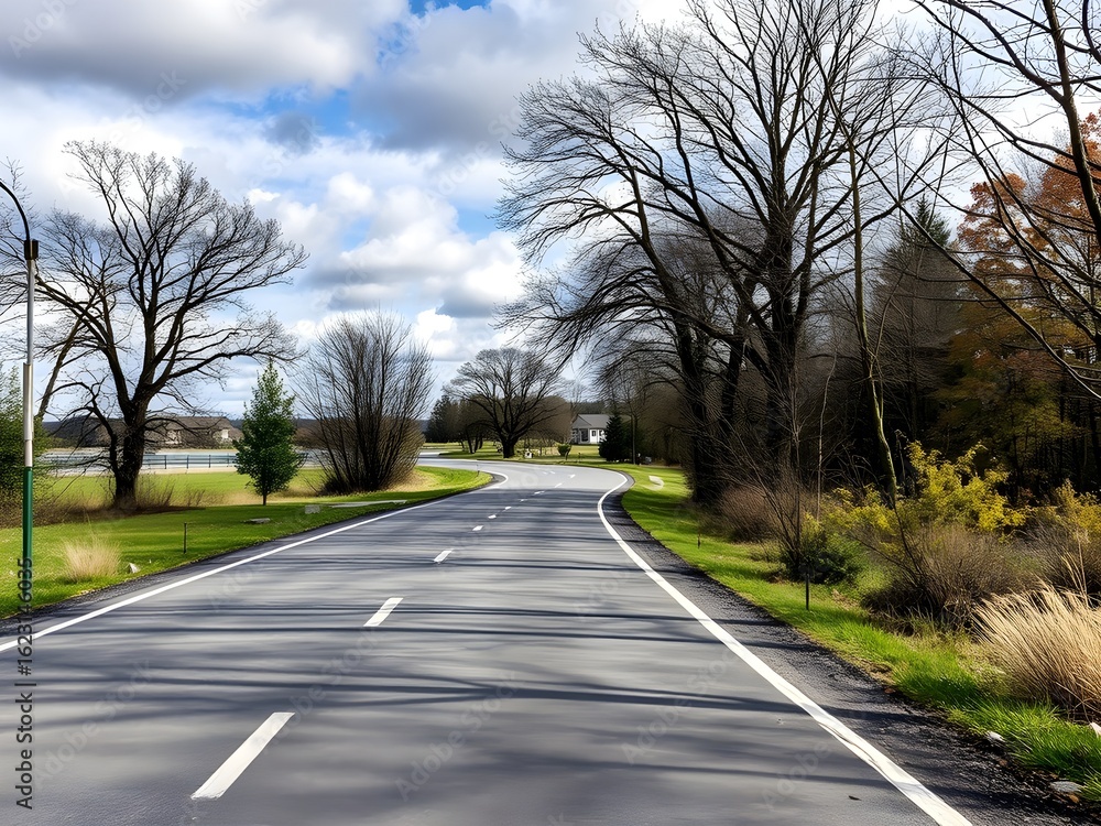 Fototapeta premium Paved country road winding through green rural landscape