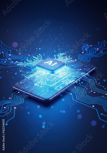 Artificial intelligence on smartphone with circuit board glowing digitally