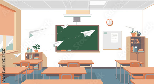 Paper airplanes in classroom – children flying paper planes, flat minimalist vector illustration