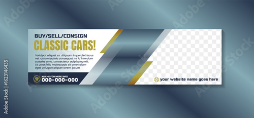 classic cars rental or sale or consign horizontal banner or page cover advertising template. diagonal element and space for photo isolated on white background.