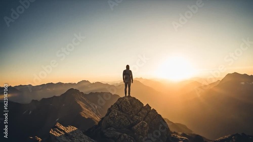 Silhouette on Summit: Person Reaching Mountain Top at Sunrise, Panoramic View