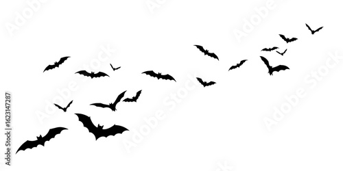 Flying black bat silhouettes forming a diagonal swarm, a symbol of Halloween horror night, isolated on white background, vector illustration.