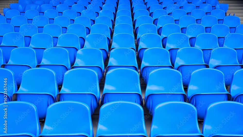 Fototapeta premium an arranged set of empty blue plastic seats in a stadium or arena, creating a symmetrical and orderly pattern