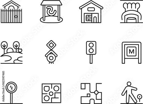 Collection of hand drawn icons representing various outdoor elements and urban features