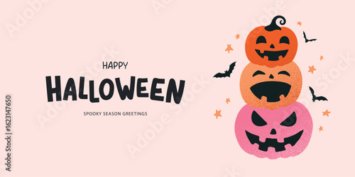 Festive Halloween banner design featuring a cute tower of textured jack-o'-lanterns and bats, for party invitations or social media posts, vector illustration.