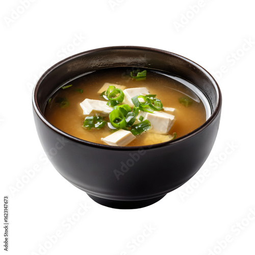 Cup of hot miso soup isolated die cut  