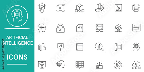 Artificial intelligence icon set. Included icons as technology, data science, machine learning and more. Technology icons for web and mobile app. Set of 24 icons web in line flat style.