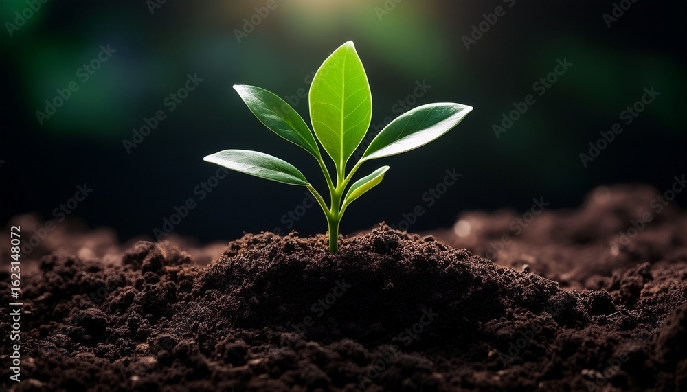 Fototapeta premium a single green plant emerges from dark soil representing growth and life