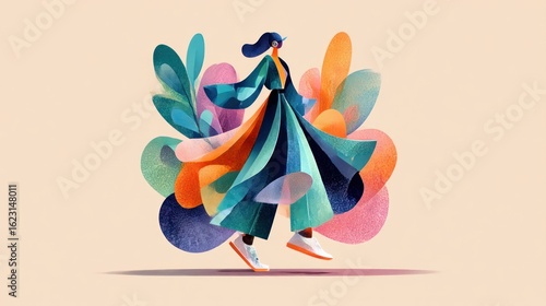 Abstract woman in flowing dress, surrounded by abstract plants