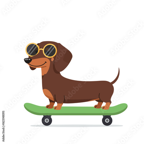 A stylish dachshund dog, wearing sunglasses, confidently rides a green skateboard.
