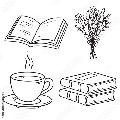 illustration art set of books and coffee vintage aesthatic set sticker design