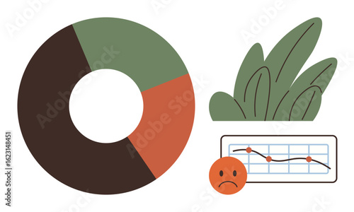 Pie chart with vibrant colors, graph showing a decline, sad emotion, and foliage. Ideal for data analysis, reporting, finance, business performance, disappointment trends and environmental context