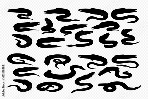 Canvas Print A collection of black, brush-stroke style silhouettes of eels or sea snakes in various serpentine poses