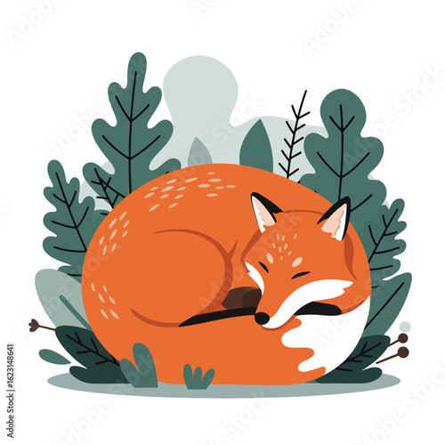 A curled-up orange fox sleeping peacefully amidst stylized green foliage.