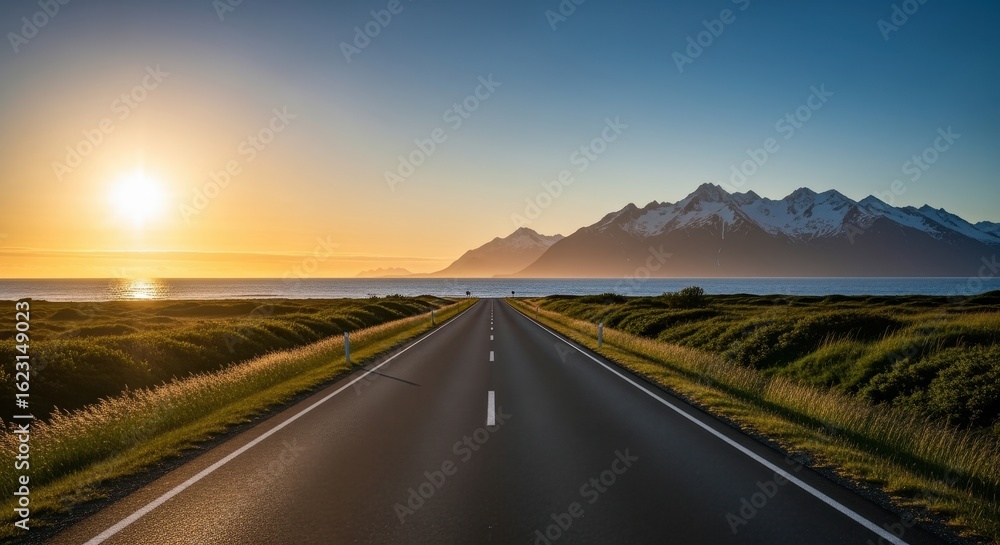 Fototapeta premium Open Road to the Horizon: A vast expanse of asphalt stretches towards the horizon, framed by lush fields and a breathtaking mountain range under a vibrant sunrise. Evoking freedom and journey. 