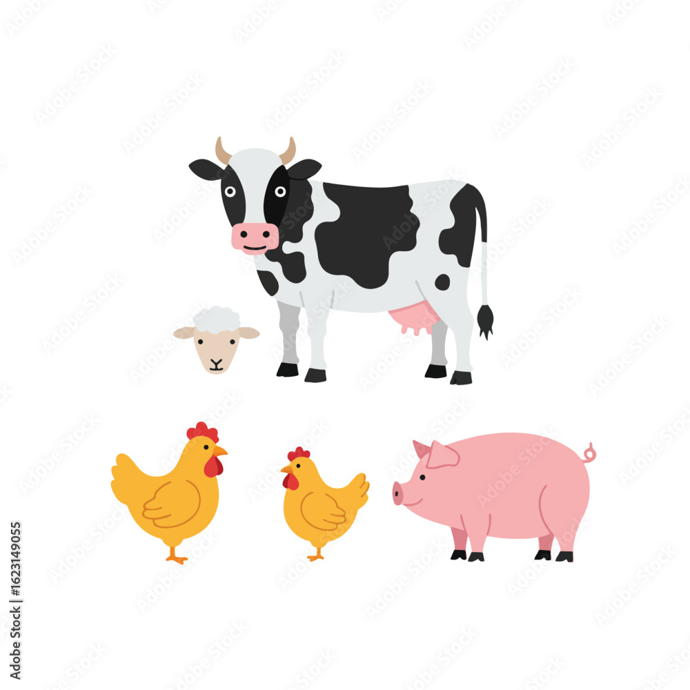 Fototapeta premium Cartoon farm animals, including cow, sheep, chicken, and pig, arranged on a white background.