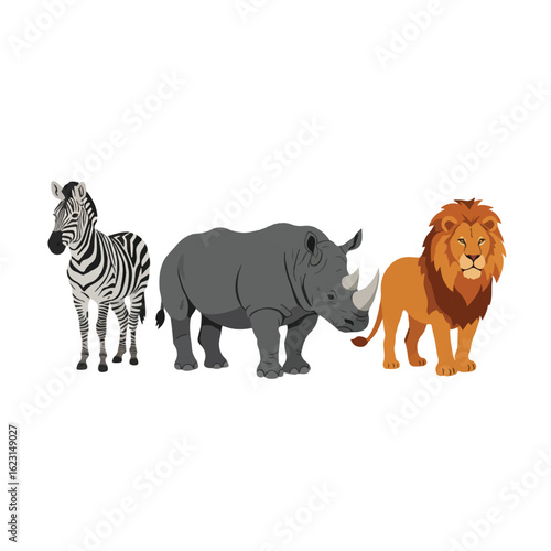 Cartoon illustration of a zebra, rhinoceros, and lion in a horizontal row.