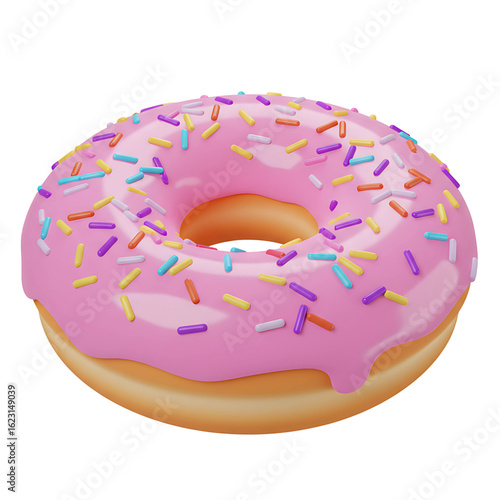 3d Indulge in a vibrant pink frosted donut generously topped with colorful sprinkles, a delightful treat perfect for bakery promotions or sweet cravings.