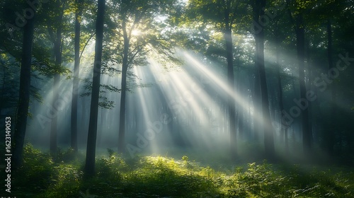 Ethereal Sun Rays in a Misty Forest