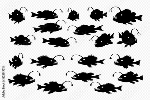 A collection of black anglerfish silhouettes in various poses, each featuring a distinctive bioluminescent lure.