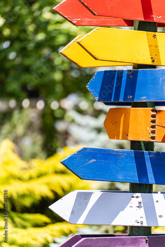 Close-up of weathered multi coloured blank Wooden directional signs in a forest