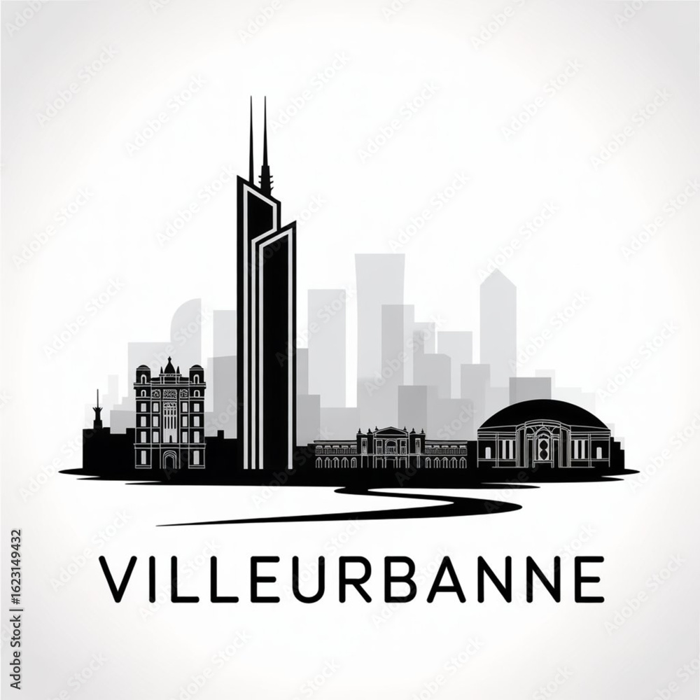 Fototapeta premium Villeurbanne Skyline Silhouette - Art Deco French City Vector Illustration in Black and White