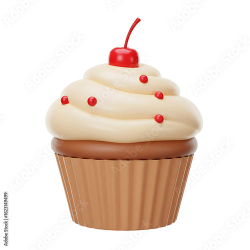 3d Deliciously frosted cupcake with creamy vanilla icing, a bright red cherry on top, and festive red sprinkles, perfect for celebrations and sweet treats