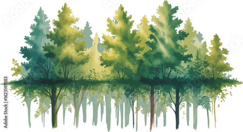 Watercolor painting of a dense summer forest canopy viewed from below with layered green foliage and yellow highlights on white background

