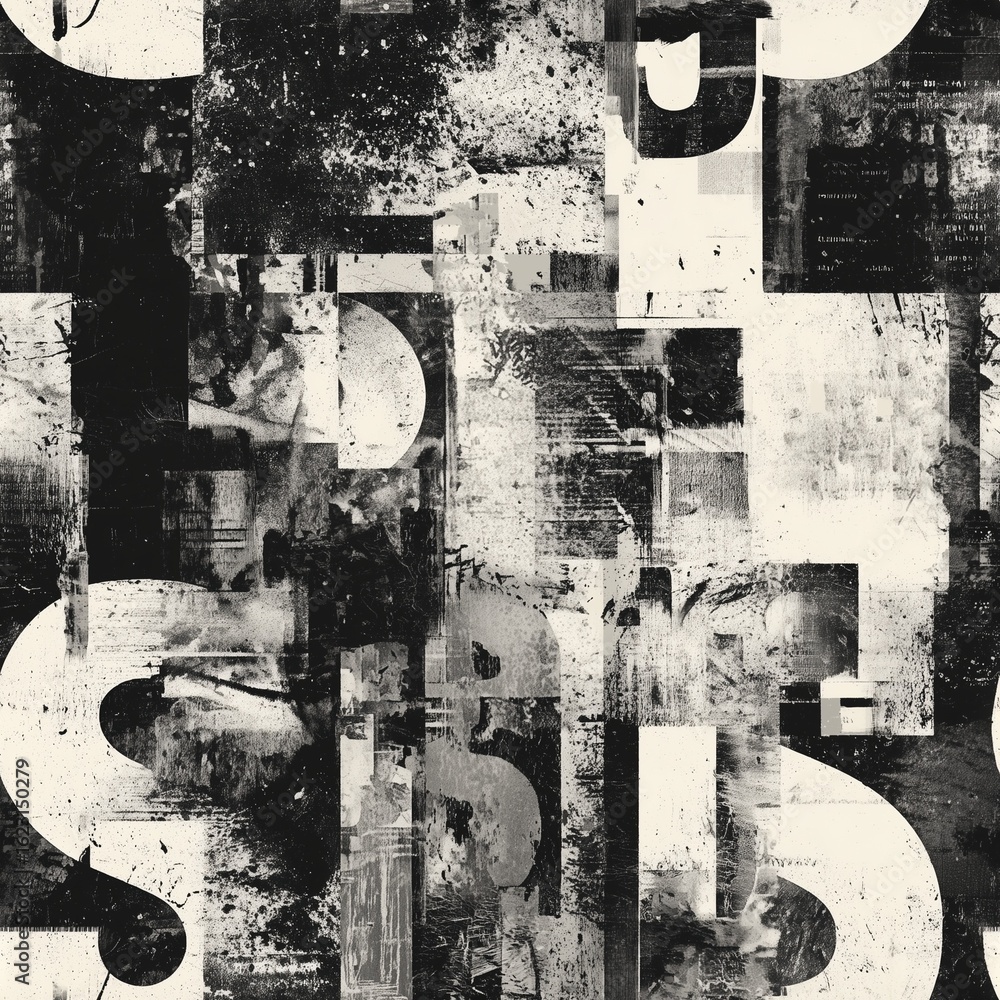 Fototapeta premium Grunge newspaper collage with letters | Torn print textures and distressed monochrome text layers | Vintage editorial backdrop | Abstract typography concept design