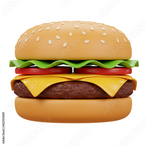 3d Indulge in a delicious, mouthwatering cheeseburger icon featuring fresh lettuce, ripe tomato, melted cheese, and a juicy patty, perfect for food branding and menus.