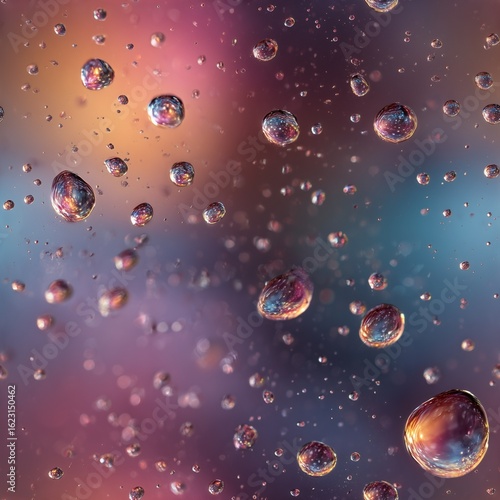 Seamless raindrop pattern | Floating water droplets with colorful reflections on blurred abstract background | Macro water texture | High-resolution liquid design