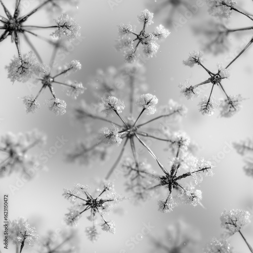 Seamless frozen flower texture | Macro view of frosty floral structures with crystal tips on white background | Winter botanical pattern | Delicate icy detail