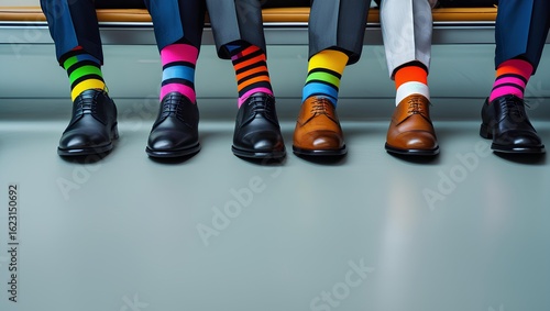 Five men wearing suits sitting side by side, showing off their colorful socks 