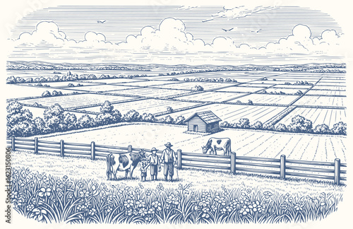 vector sketch Green grass field on small hills. Meadow, alkali, lye, grassland, pommel, lea, pasturage, farm